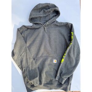 Carhartt Mens Loose Fit Hoodie Charcoal Gray Neon Yellow Sleeve Logo Size M